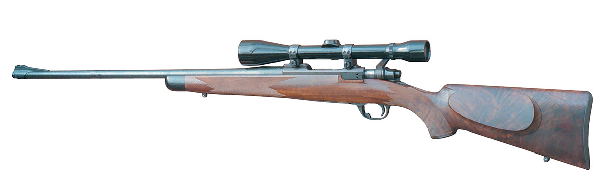 Ken’s .220 Swift rifle is a standard sporter weight Ruger Model 77 with 24-inch barrel, restocked in high-grade black walnut by custom stockmaker Bob Emmons. The scope is a 6x Weaver 600 Classic. This outfit has the accuracy of a varmint-weight rifle.